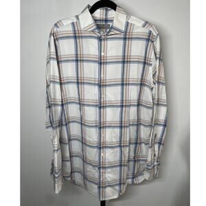 CANALI 1934 Men's Long Sleeve Cotton Sport Shirt Size XL White/Blue/Tan Plaid